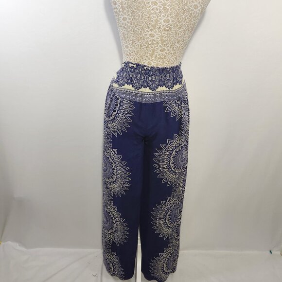 Camaroha Sutra Women's Small Blue Floral Print Layered Split Wide Leg Pants Boho - Picture 7 of 15